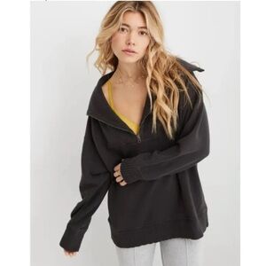 AERIE Black Down-To-Earth Quarter Zip Oversized Sweatshirt